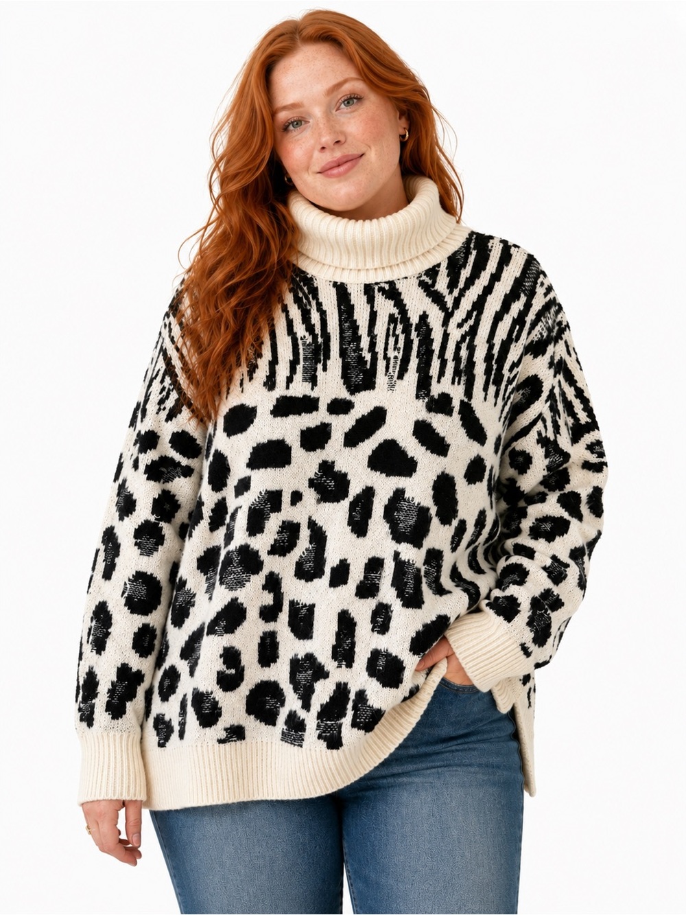 Torrid Cream Black Animal Print Turtleneck Sweater Torrid Sz 3/US Sz 22